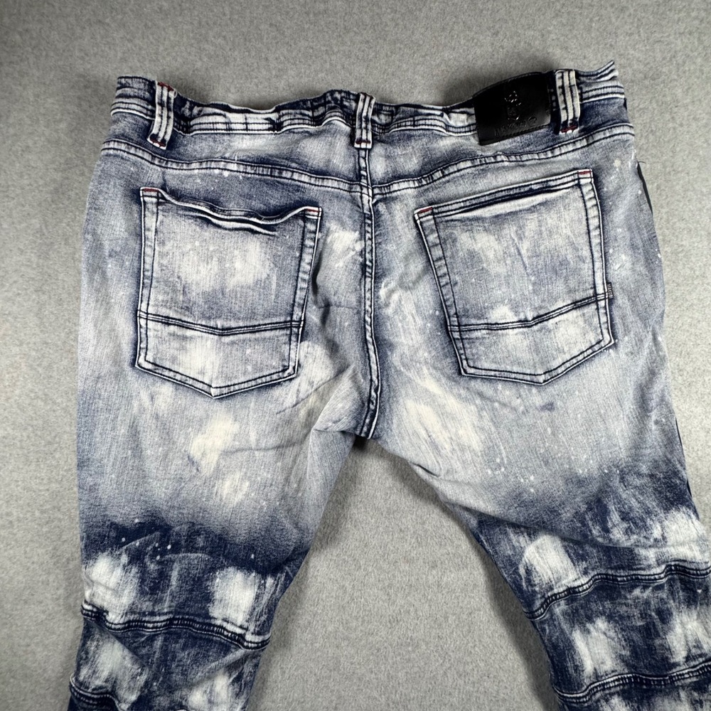 Makobi Biker Jeans Mens 44x32 Blue Acid Wash Distressed Side Stripe M1743 Moto - Picture 10 of 11